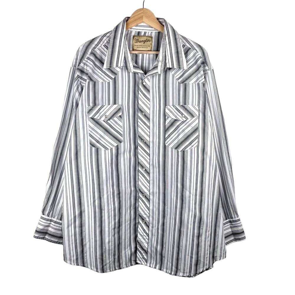 Wrangler VTG Mens Shirt 2XL White Gray Striped Pearl Snap Western Cowboy Rodeo